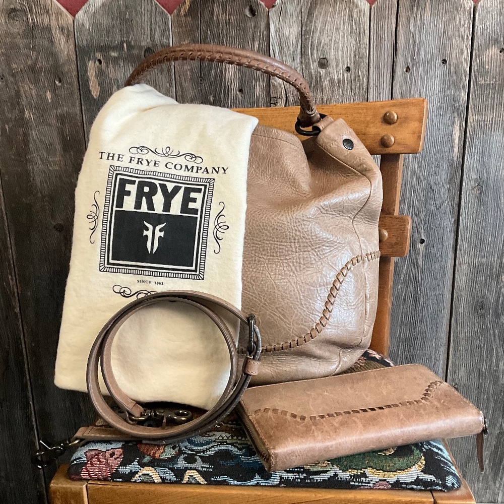 Frey Melissa Leather Whipstitch Mocha Crossbody Shoulder Hobo & matching wallet